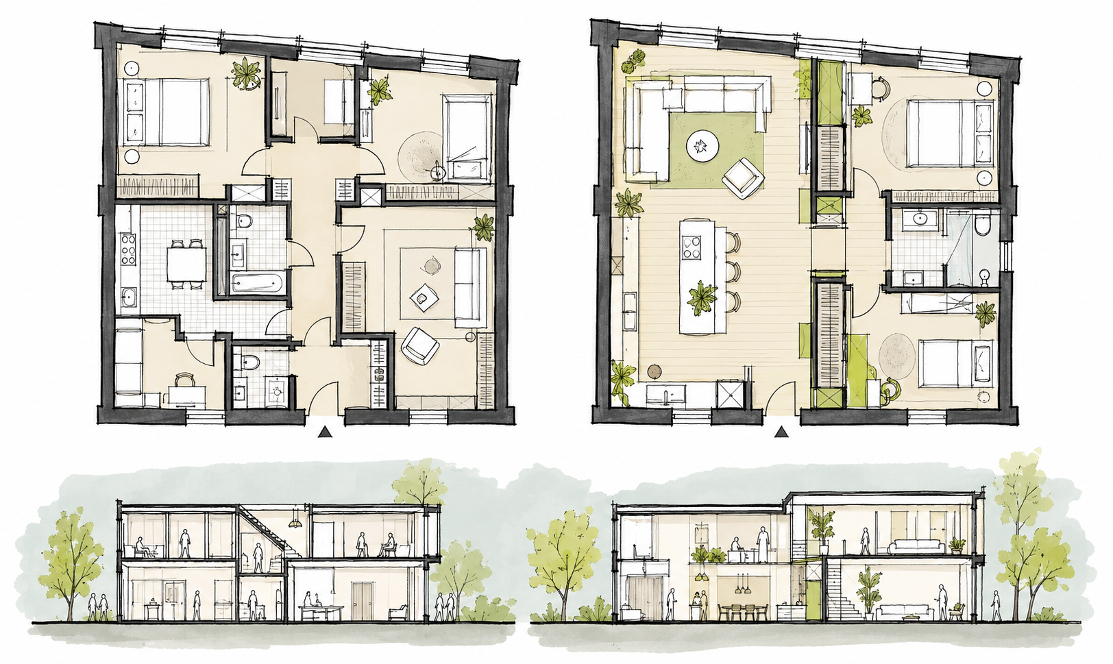 Tavola illustrativa con piante affiancate e sezioni architettoniche